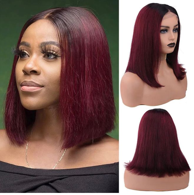 100% HUMAN HAIR STRAIGHT 13X4 FONTAL LACE BURGUNDY WIG