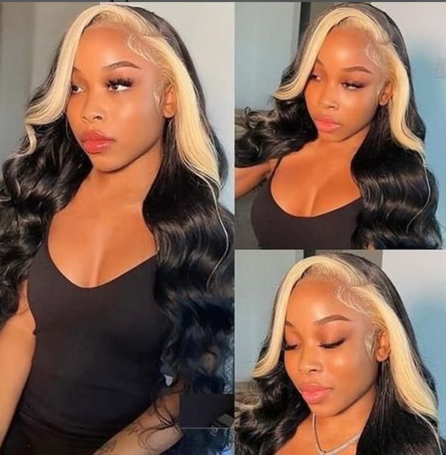 Black Body Wave With Highline Gold Streaks 13x4 FRONTAL LACE WIG