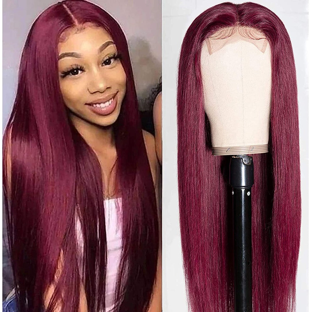 100% HUMAN HAIR STRAIGHT BURGUNDY 4*4 LACE CLOSURE WIG